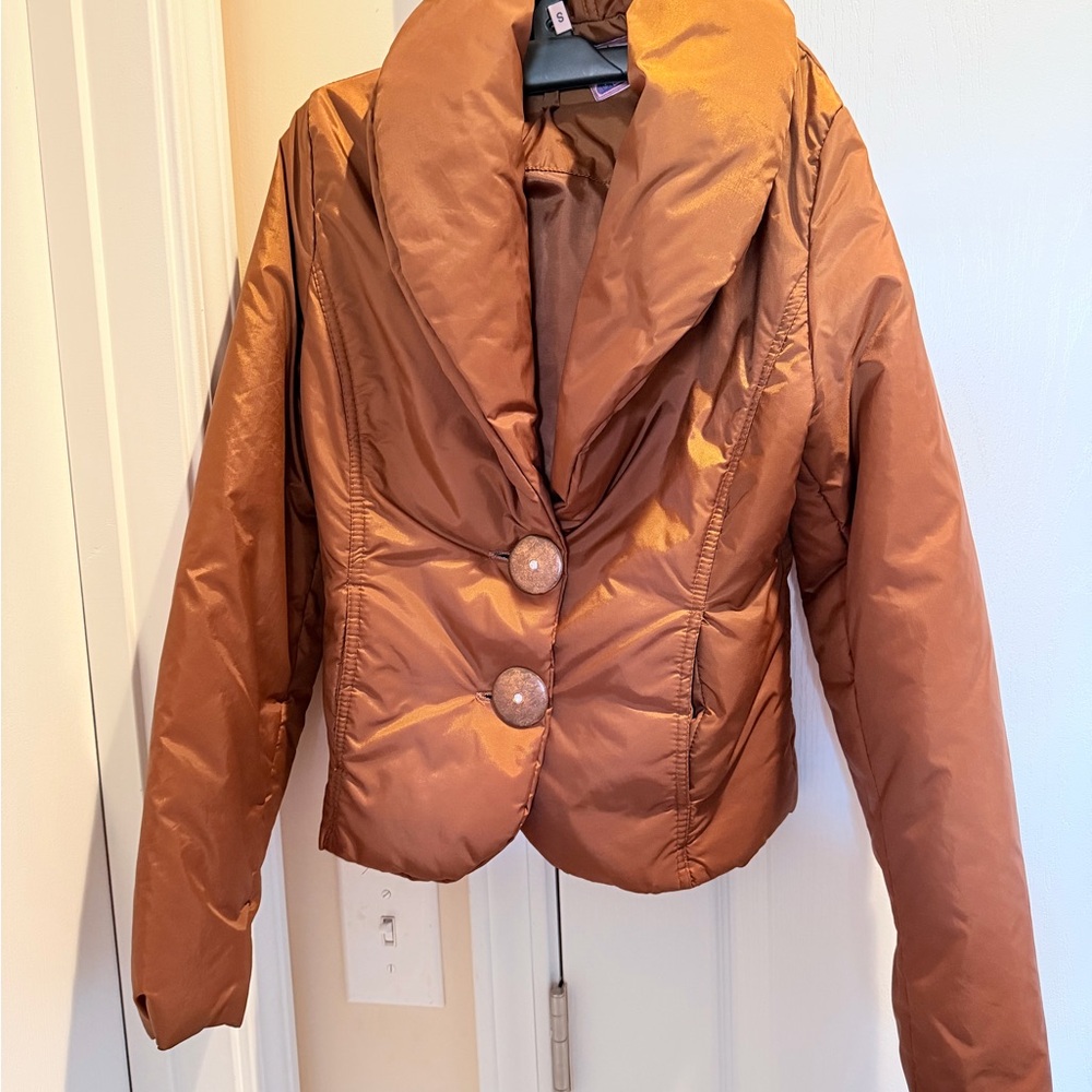 Women's Y2K Trendy Brown Metalic Buttons Puffer Jacket Size S